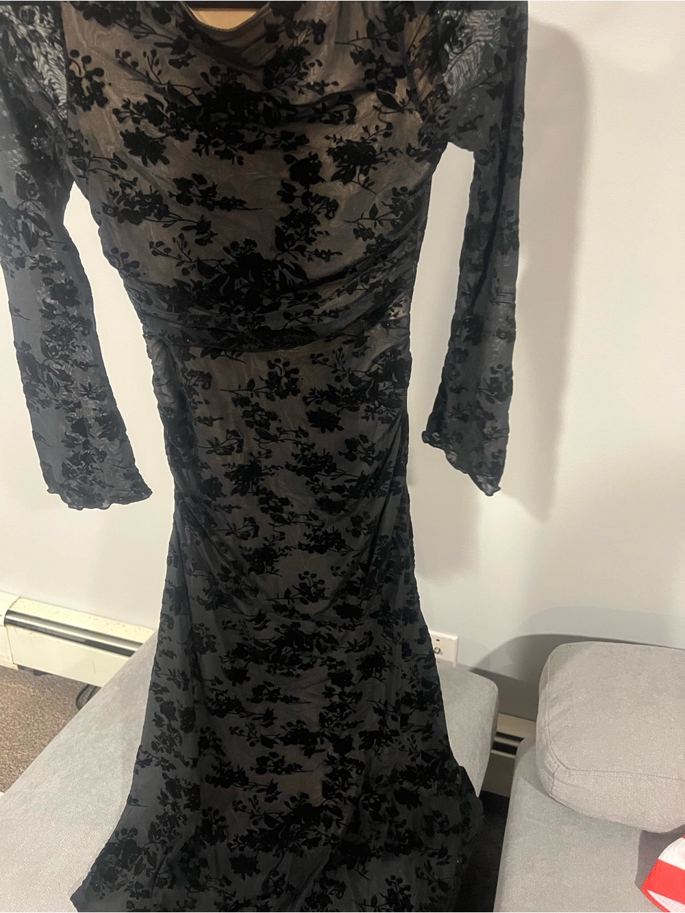 Cider Black Floral Velvet Burnout Long Sleeve Dress